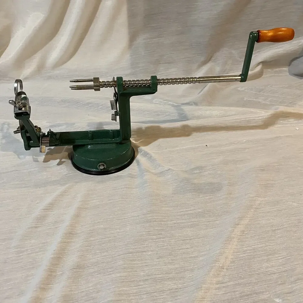 Vintage Green Metal Hand Crank Apple Peeler Corer with Locking Suction Base